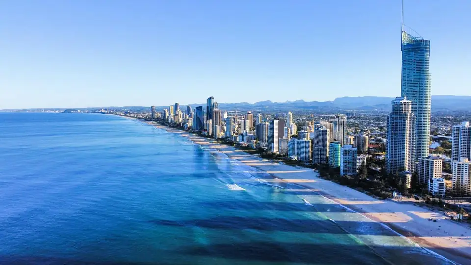 Aerial view of the Surfers Paradise skyline and beach on the Gold Coast