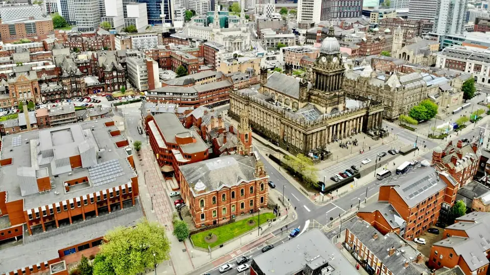 Leeds Town Hall and the city centre from above