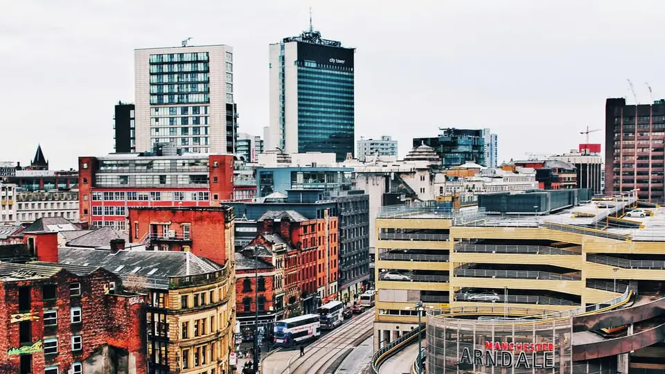 Manchester city centre with the Arndale and tram lines