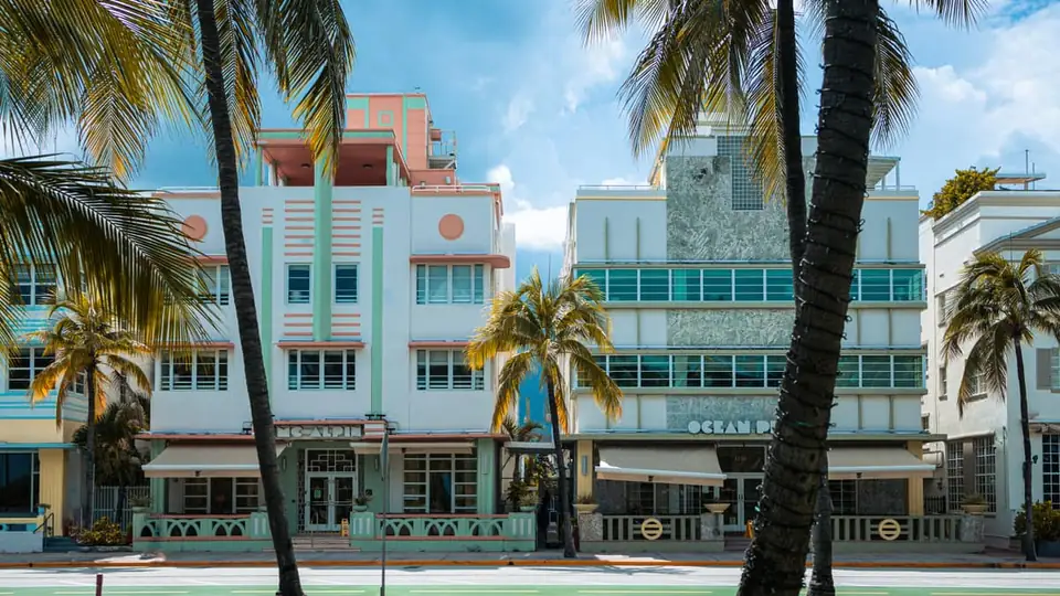 Art Deco buildings and palms on Ocean Drive, Miami Beach