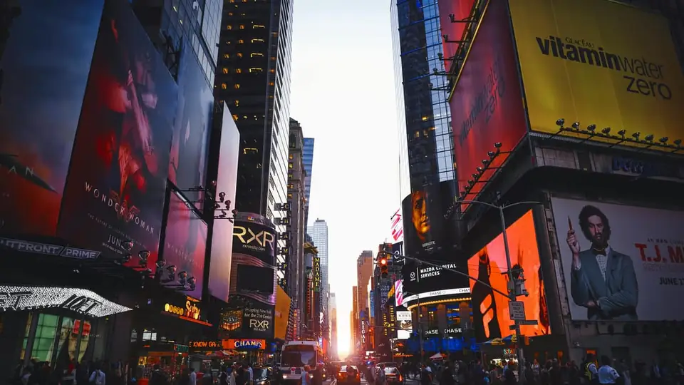 A busy Times Square street scene in New York