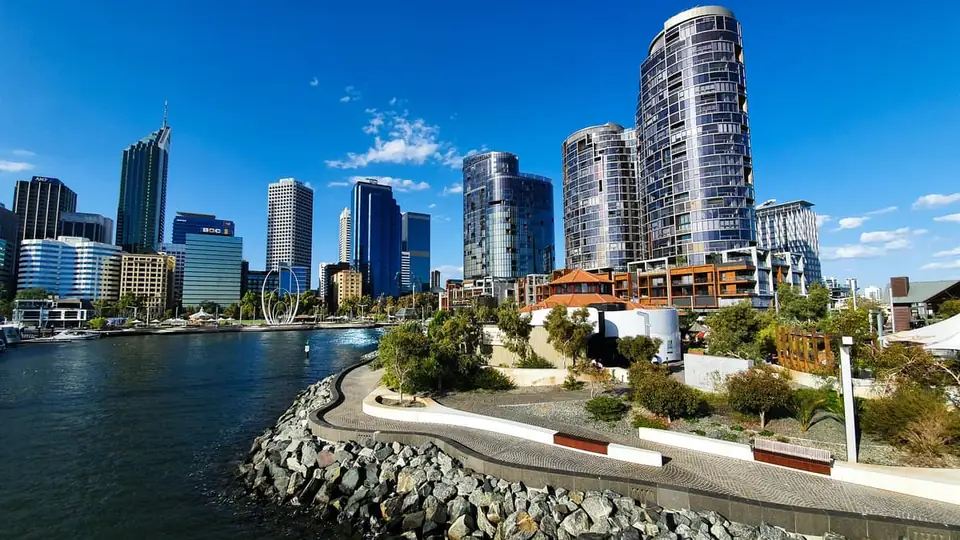 The Perth city skyline across the river at Elizabeth Quay