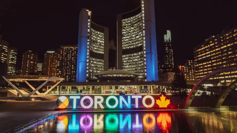 The illuminated Toronto sign at Nathan Phillips Square